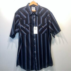 NEW Men’s ELY Cattleman Black Blue Gray Stripe Short Sleeve Pearl Snap XLT Tall